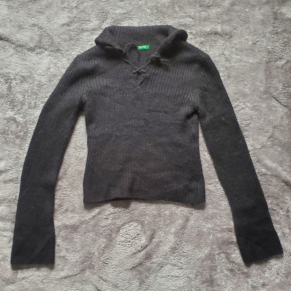 United Colors Of Benetton Womens Size M Lace Up Pullover/ Ribbed Knit Sweater